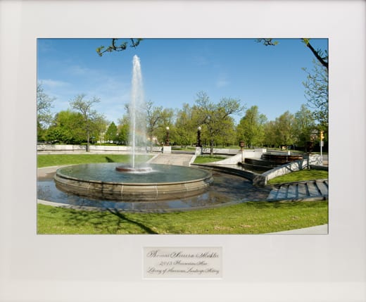 Close up of the award which features a photograph of Pardee Fountain