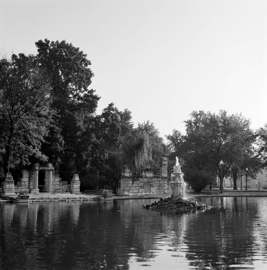 Pond and ruins in early morning, Tower Grove Parks. St. Louis, MO. Photograph by Carol Betsch, 2004.