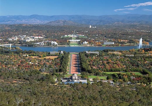 View of Canberra today from Mount Ainslie, down the Land Axis, and across Lake Burley Griffin to Parliament House. View of Canberra today from Mount Ainslie, down the Land Axis, and across Lake Burley Griffin to Parliament House.