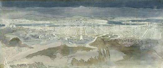 “View from Summit of Mount Ainslie,” one of the fourteen exquisite renderings Marion Griffin prepared for the Canberra competition, 1911. 