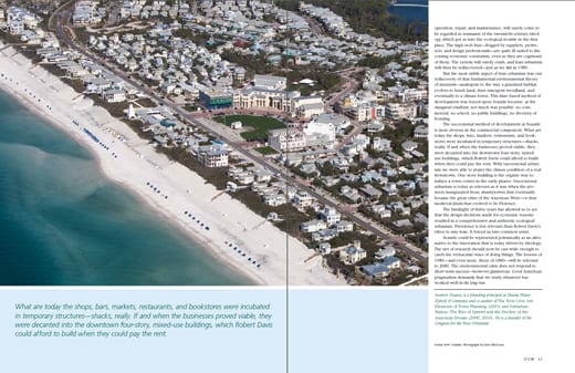 Interior spread of Andrés Duany's article, showing an aerial view of Seaside, Fla.