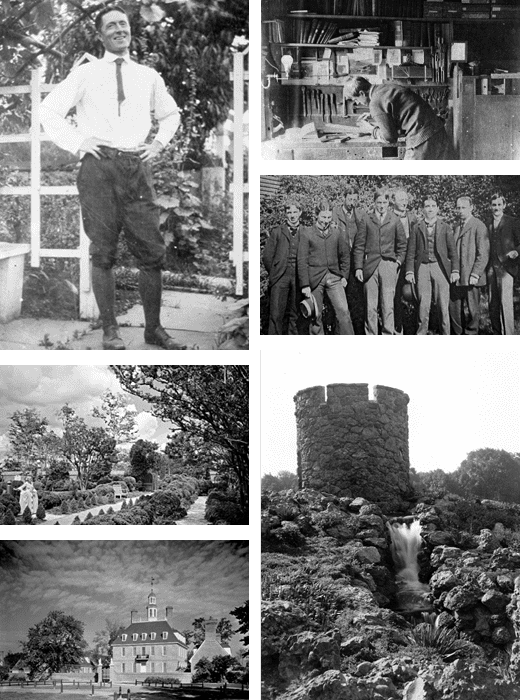 Clockwise from top left: Arthur Shurcliff at home in Ipswich, NY.; Teenage Arthur in his father’s workshop; Shurcliff (center, front) with other apprentices of the Olmsted offices, c. 1890s; Stone tower and bridge designed for the Rock Garden, Franklin Park Zoo, Boston. Private collection; New Governor’s Palace; and Costumed hostess in the Boxwood Garden. Courtesy Colonial Williamsburg Foundation.