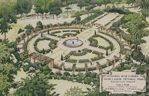 Municipal rose garden designed by Hare & Hare in Loose Park, Kansas City.